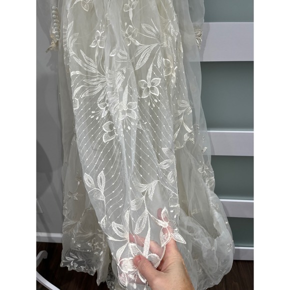 Vintage 80s Victorian Revival Wedding Dress Ivory High Neck Sheer Lace Illusion - Picture 10 of 16